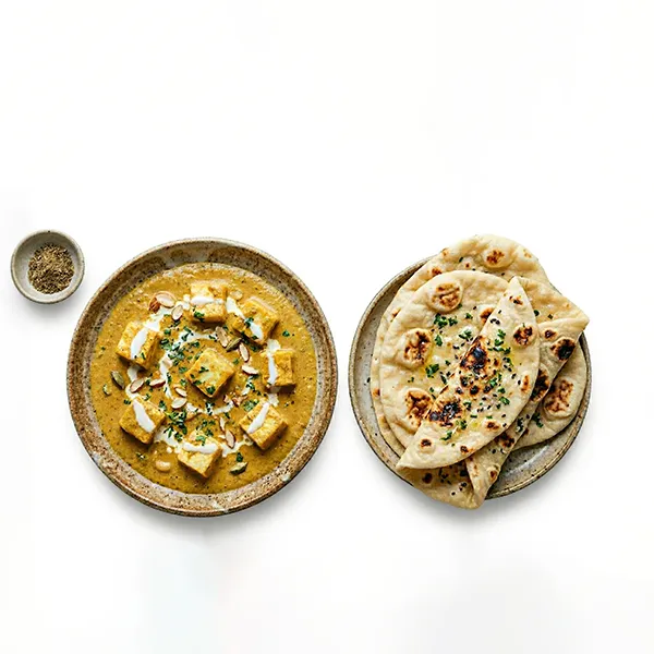 Cottage cheese Korma and naan bread